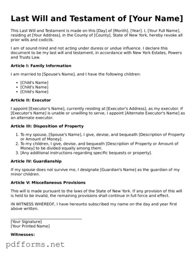 Free  Last Will and Testament Document for New York