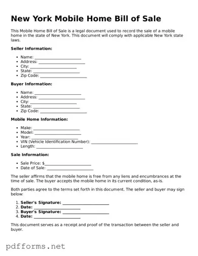 Free  Mobile Home Bill of Sale Document for New York