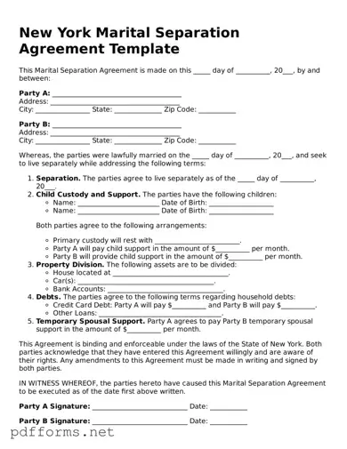 Free  Marital Separation Agreement Document for New York