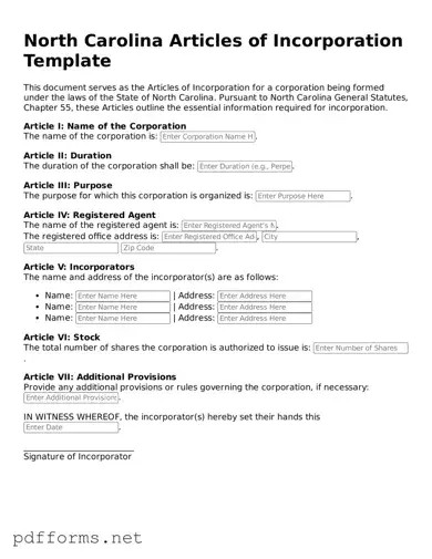 Free  Articles of Incorporation Document for North Carolina