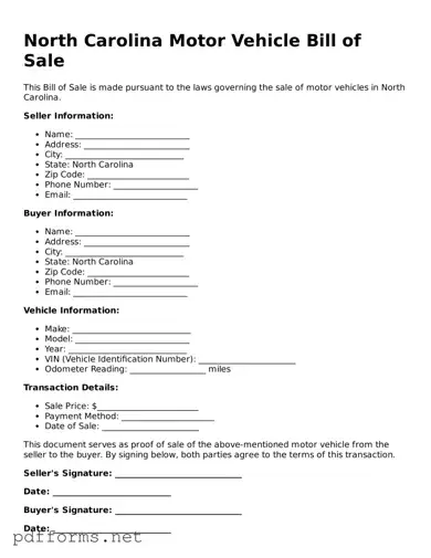Free  Motor Vehicle Bill of Sale Document for North Carolina