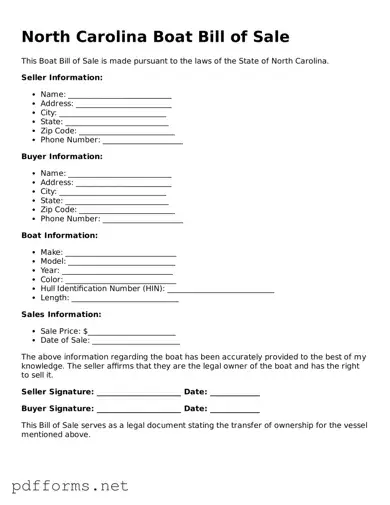 Free  Boat Bill of Sale Document for North Carolina