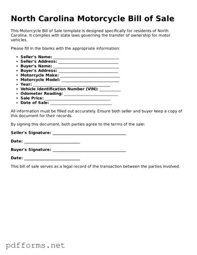 Free  Motorcycle Bill of Sale Document for North Carolina