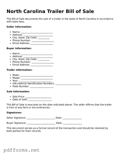 Free  Trailer Bill of Sale Document for North Carolina