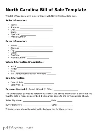 Free  Bill of Sale Document for North Carolina