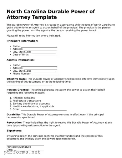 Free  Durable Power of Attorney Document for North Carolina