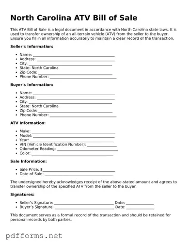 Free  ATV Bill of Sale Document for North Carolina