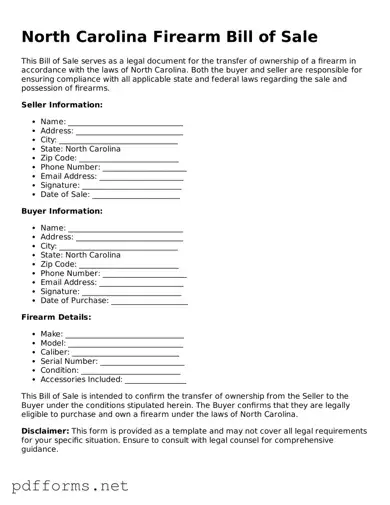 Free  Firearm Bill of Sale Document for North Carolina