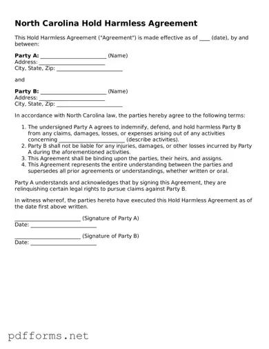 Free  Hold Harmless Agreement Document for North Carolina
