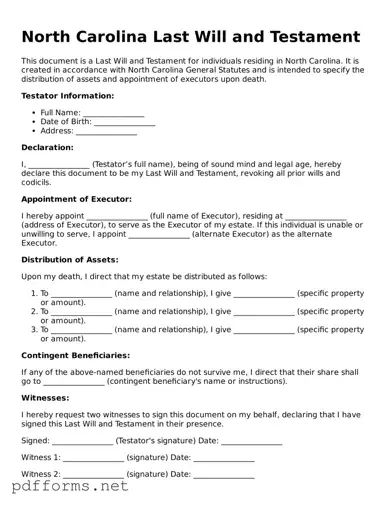 Free  Last Will and Testament Document for North Carolina