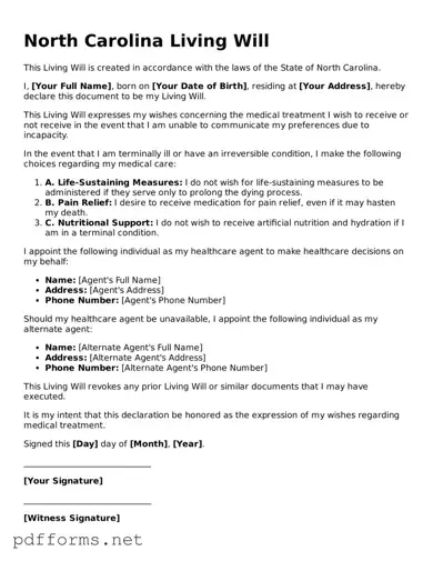 Free  Living Will Document for North Carolina