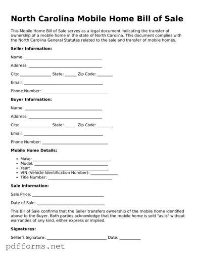 Free  Mobile Home Bill of Sale Document for North Carolina