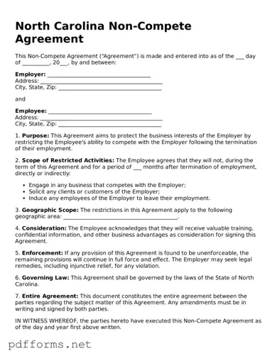 Free  Non-compete Agreement Document for North Carolina