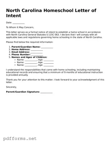Free  Homeschool Letter of Intent Document for North Carolina