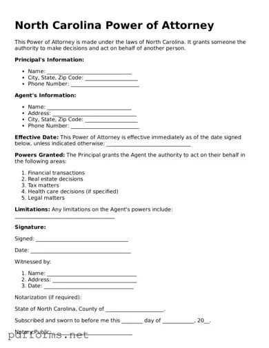 Free  Power of Attorney Document for North Carolina
