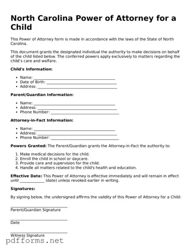Free  Power of Attorney for a Child Document for North Carolina