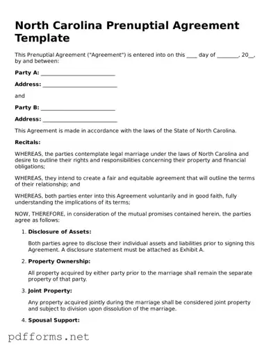 Free  Prenuptial Agreement Document for North Carolina