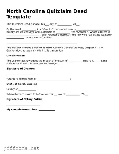 Free  Quitclaim Deed Document for North Carolina