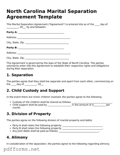 Free  Marital Separation Agreement Document for North Carolina