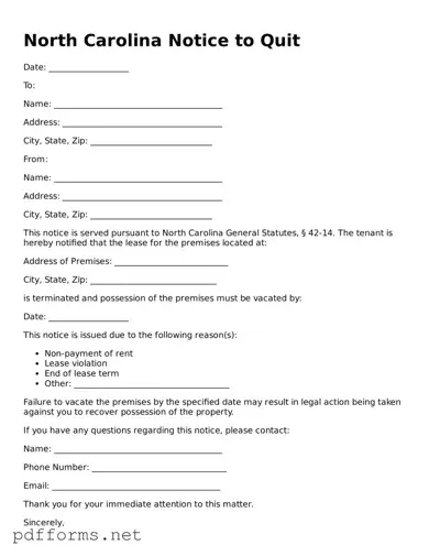 Free  Notice to Quit Document for North Carolina