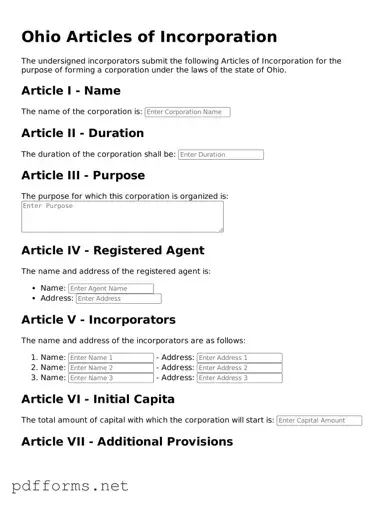 Free  Articles of Incorporation Document for Ohio