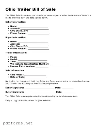 Free  Trailer Bill of Sale Document for Ohio
