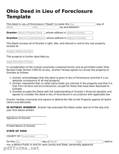Free  Deed in Lieu of Foreclosure Document for Ohio
