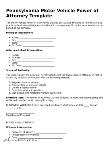 Free  Motor Vehicle Power of Attorney Document for Pennsylvania