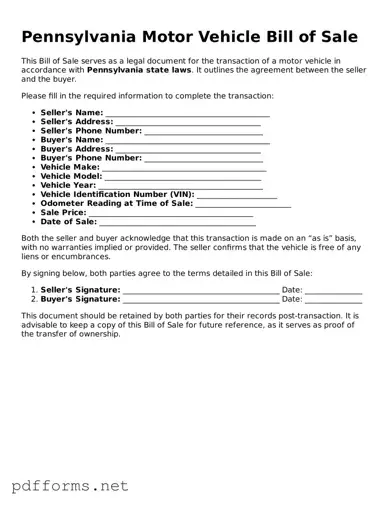 Free  Motor Vehicle Bill of Sale Document for Pennsylvania