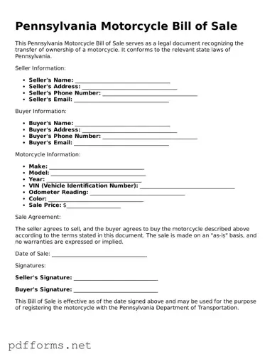 Free  Motorcycle Bill of Sale Document for Pennsylvania