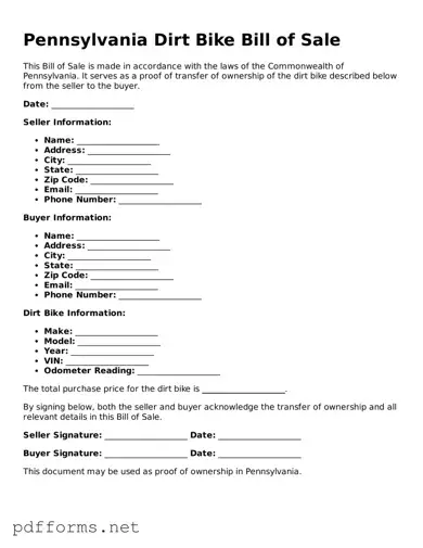 Free  Dirt Bike Bill of Sale Document for Pennsylvania