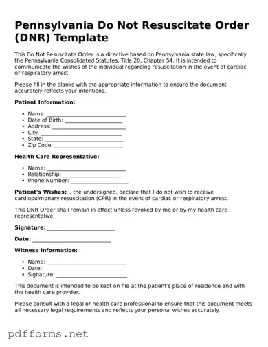 Free  Do Not Resuscitate Order Document for Pennsylvania