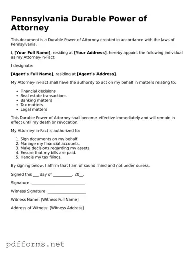Free  Durable Power of Attorney Document for Pennsylvania