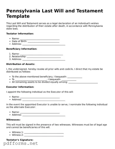 Free  Last Will and Testament Document for Pennsylvania