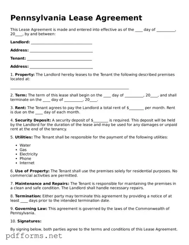 Free  Lease Agreement Document for Pennsylvania