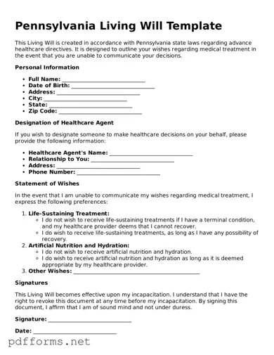 Free  Living Will Document for Pennsylvania