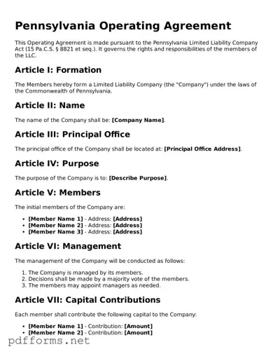 Free  Operating Agreement Document for Pennsylvania