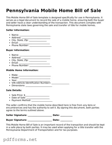 Free  Mobile Home Bill of Sale Document for Pennsylvania