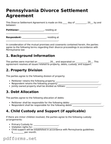 Free  Divorce Settlement Agreement Document for Pennsylvania
