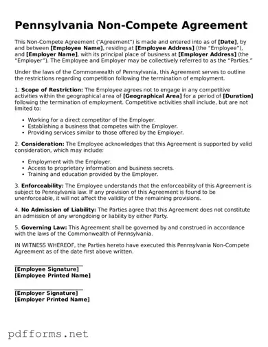 Free  Non-compete Agreement Document for Pennsylvania