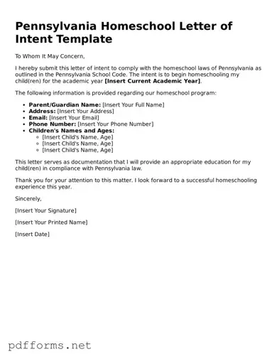 Free  Homeschool Letter of Intent Document for Pennsylvania