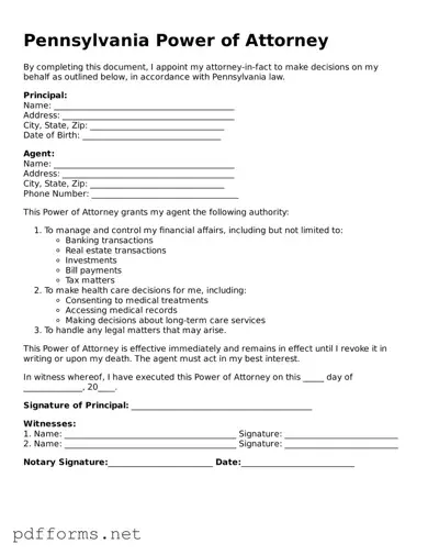 Free  Power of Attorney Document for Pennsylvania