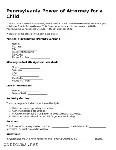 Free  Power of Attorney for a Child Document for Pennsylvania