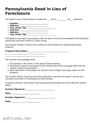 Free  Deed in Lieu of Foreclosure Document for Pennsylvania