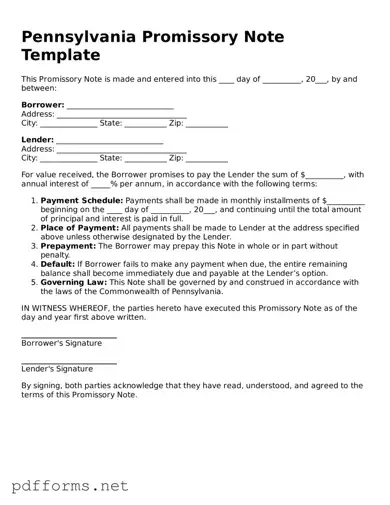 Free  Promissory Note Document for Pennsylvania