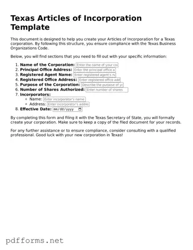 Free  Articles of Incorporation Document for Texas