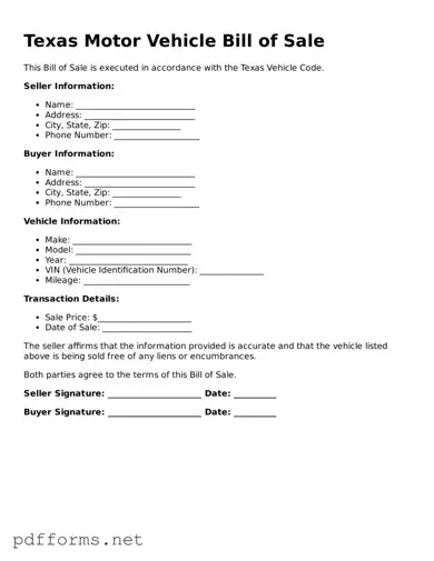 Free  Motor Vehicle Bill of Sale Document for Texas