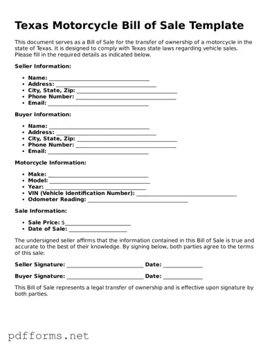 Free  Motorcycle Bill of Sale Document for Texas