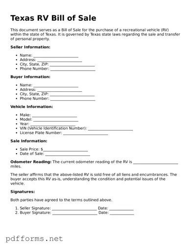 Free  RV Bill of Sale Document for Texas