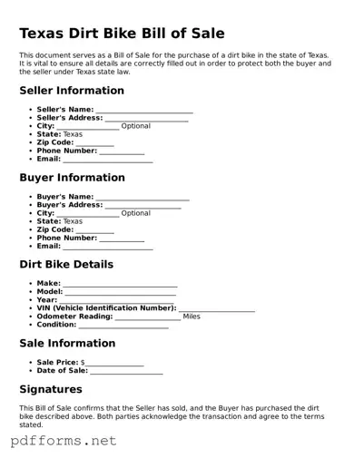Free  Dirt Bike Bill of Sale Document for Texas